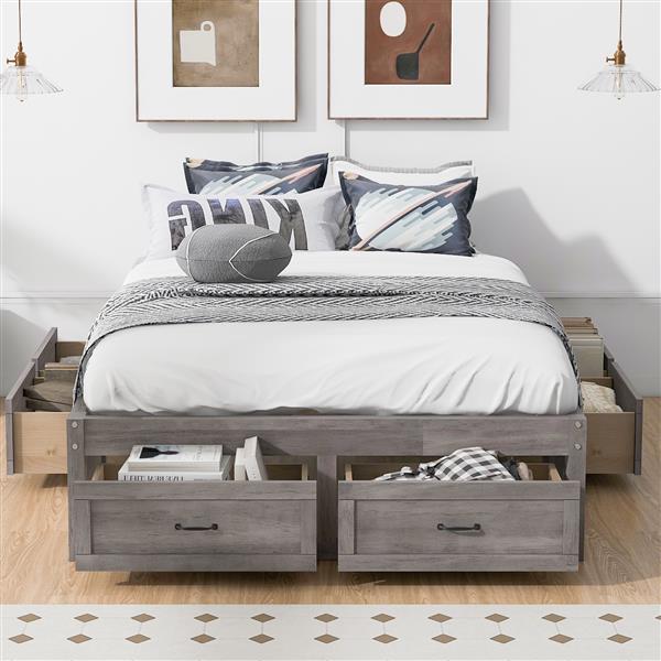 Full Size Platform Bed with 6 Storage Drawers,Antique Gray