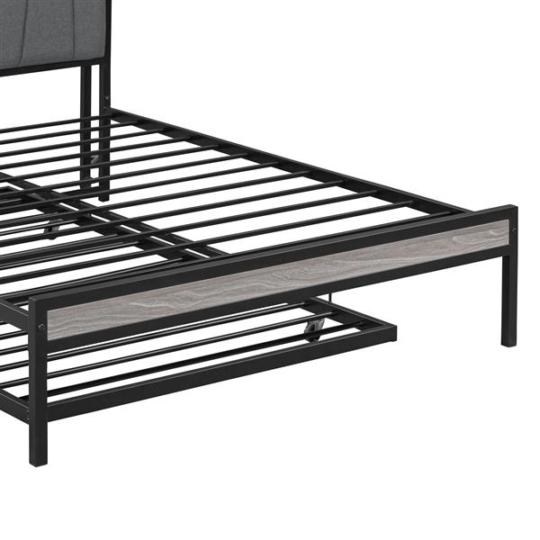 Full Size Metal Platform Bed Frame with Twin size trundle, Upholstered headboard, Sockets, USB Ports and Slat Support, No Box Spring Needed, Black