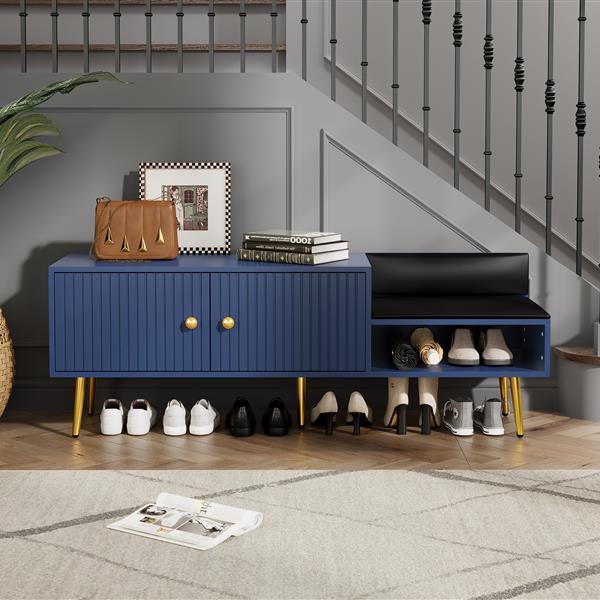 Modern Shoe Storage Bench with Hidden Storage and Upholstered Cushions for Bedside, Living Room and Entryway (Navy)