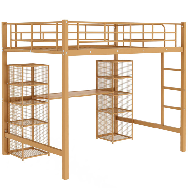 Full Size Metal Loft Bed with Built-in Desk and Shelves, Gold+Brown