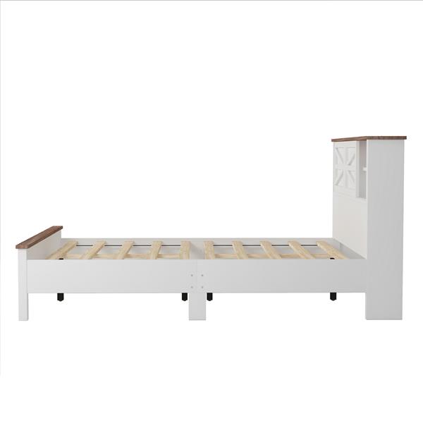 Farmhouse Platform Bed with Double Sliding Barn Door, Full Size Rustic Wood Bed with
Charging Station, Wood Slats Support, White+Brown