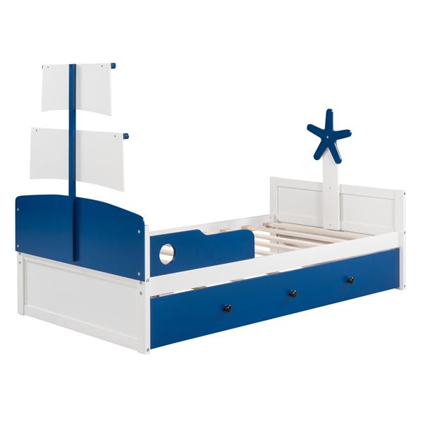 Twin Size Boat-Shaped Platform Bed with Twin size Trundle,Twin Bed with Storage for Bedroom,Blue