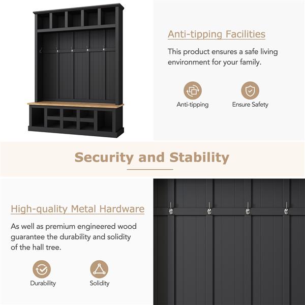 Farmhouse Wooden Style 78''H Modern Hall Tree with Wide Storage Seating Bench, Entryway Shoe Cabinet with 13 Compartments, Elegant Coat Rack with 6 Hooks for Mudroom, Living room, Black