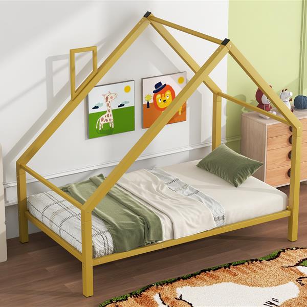 Twin Size Metal House Platform Bed with Roof and Chimney, Gold