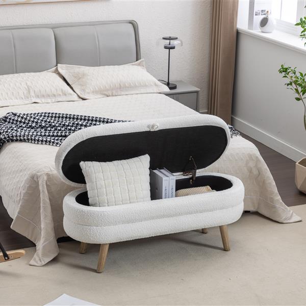 036-Boucle Fabric Storage Bench Bedroom Bench With Wood Legs For Living Room Bedroom Indoor,Ivory