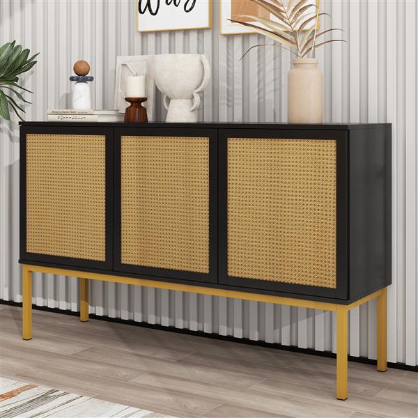 Large Storage Space Sideboard with Artificial Rattan Door and Rebound Device for Living Room and Entryway (Black)