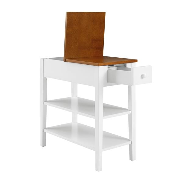 Narrow 2-tone End Table with USB Charging Ports for Small Space, SOLID WOOD Table Legs, White and Walnut, 11.8"W*24"D*24.2"H