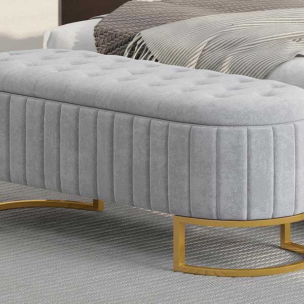 Elegant Upholstered Velvet Storage Ottoman with Button-Tufted,Storage Bench with Metal Legs for Bedroom,Living Room,Fully Assembled Except Legs,Grey