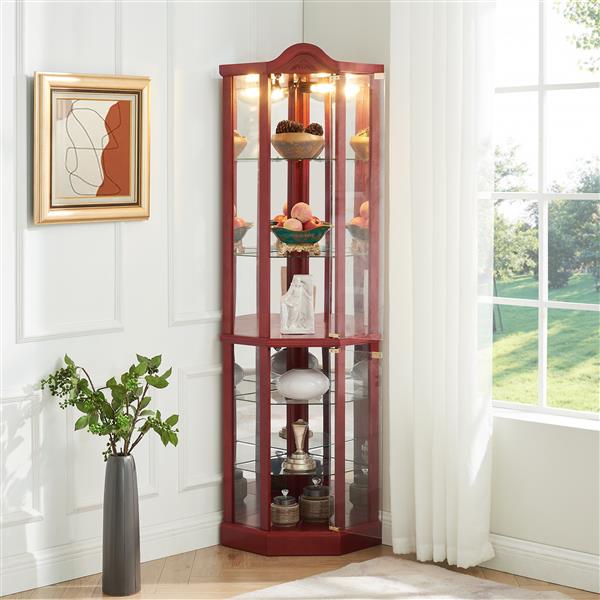 Glass Cabinet Lighted Corner Cabinet Corner Display Curio Cabinet, Glass Display With Light(Included)Bar Cabinet,Wine Cabinet with Adjustable Glass Shelves Carved Decoration Cherry Light(Included)