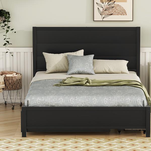 Metal Full Size Storage Platform Bed with Twin Size Trundle and 2 Drawers, Black