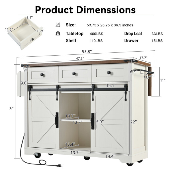  53.7" Farmhouse Kitchen Island with Power Outlet, 2 Sliding Barn Door Kitchen Storage Island with Drop Leaf, Spice Rack Rolling Kitchen Cart on Wheels, for Home, Kitchen and Dining Room, White