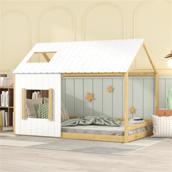 Full Size House Bed with Roof and Window - White+Natural