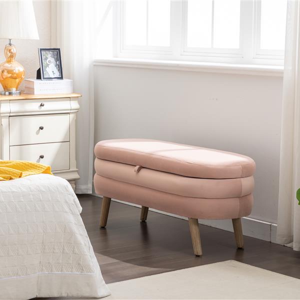 036-Velvet Fabric Storage Bench Bedroom Bench With Wood Legs For Living Room Bedroom Indoor,Light Pink