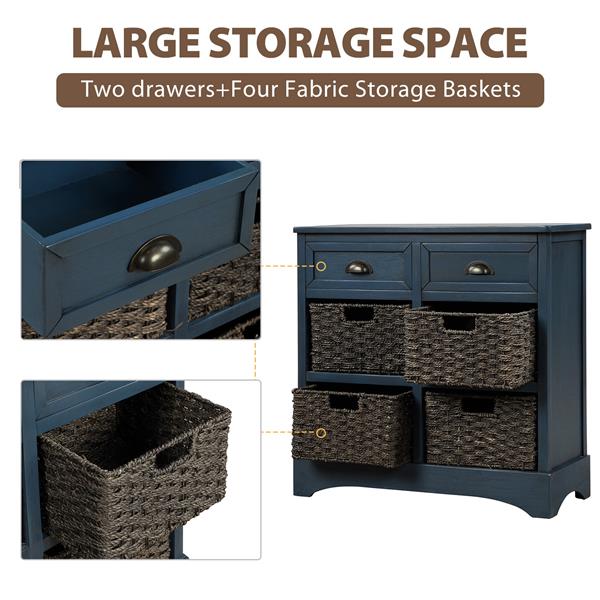 Rustic Storage Cabinet with Two Drawers and Four  Classic Rattan Basket for Dining Room/Entryway/Living Room (Antique Navy)