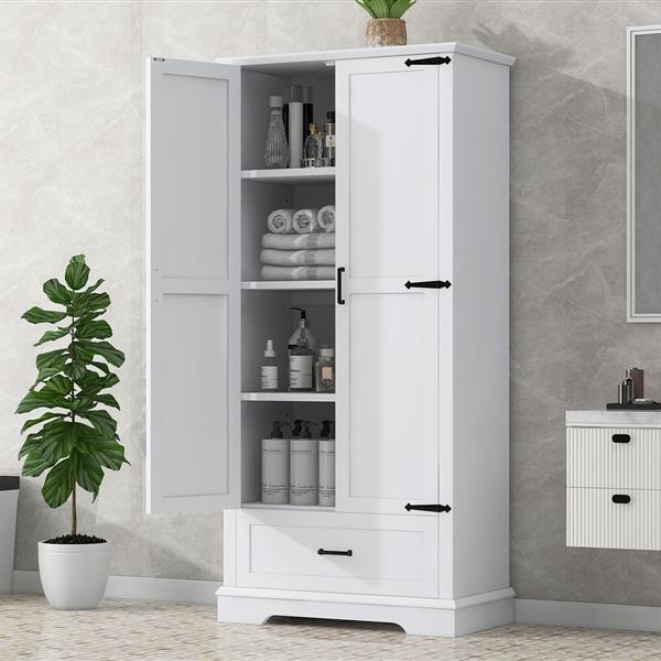 Tall Bathroom Storage Cabinet, Cabinet with Two Doors and One Drawer, Adjustable Shelf, MDF Board, White