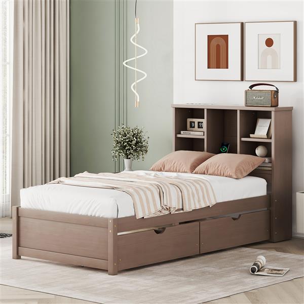 Modern Twin Size Bed Frame With Built-in USB Port on Bookcase Headboard and 2 Drawers for Walnut Color