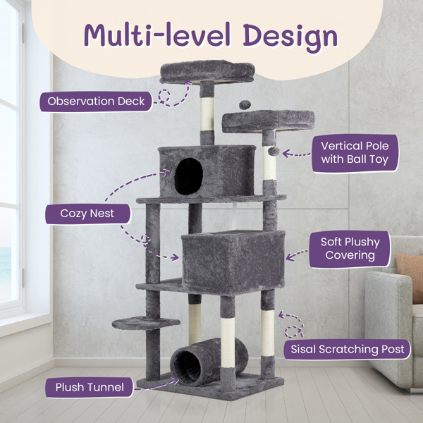 65 inch Cat Tree Cat Tower for Indoor Cats, Large Multi-Level Cat Play House Condo Furniture with Padded Platform Beds, Large Cozy Condos, Sisal Scratching Posts, Toy Balls and Cat Play Tunnel, Dark G