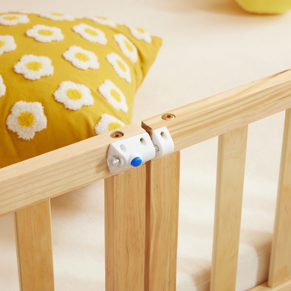 Fence bed with door and decking, natural wood color, painted surface, pine wood, twin children's bed