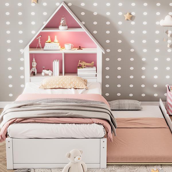 Twin Size House-Shaped Bed with Bookcase Headboard and Led Light and Twin Size Trundle for Kids Boys Girls, Pink+ White