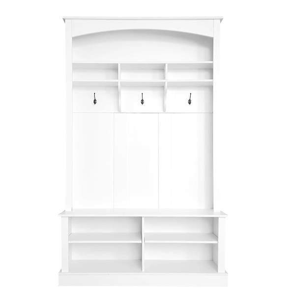 47.2'' Wide Hall Tree with Bench and Shoe Storage, Multi-functional Storage Bench with 3 Hanging Hooks & Open Storage Space, Rectangle Storage & Shelves Coat Rack for Hallway, White