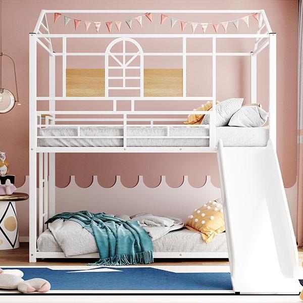 Twin Over Twin Metal Bunk Bed ,Metal Housebed With Slide,Three Colors Available.(White with White  Slide)