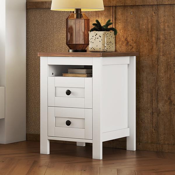 2-Drawer Farmhouse Wooden Nightstand with Well-proportioned Design and Sleek Lines, Wood Side Table with Storage Cabinet for Bedroom, White+Brown