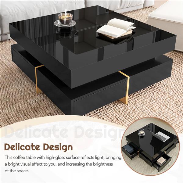 Modern High Gloss Coffee Table with 4 Drawers, Multi-Storage Square Cocktail Tea Table with Wood Grain Legs, Center Table for Living Room, 31.5''x31.5'', Black