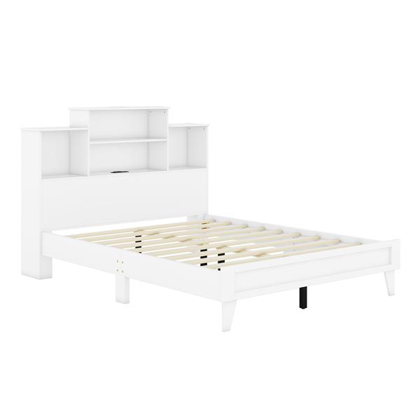 Queen Size Storage Platform Bed Frame with 4 Open Storage Shelves and USB Charging Design,White