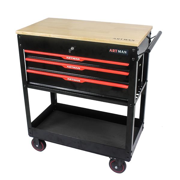 3 DRAWERS MULTIFUNCTIONAL TOOL CART WITH WHEELS AND WOODEN TOP