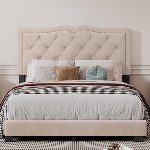 Full Size Upholstered Bed Frame with Rivet Design, Modern Velvet Platform Bed with Tufted Headboard,Beige