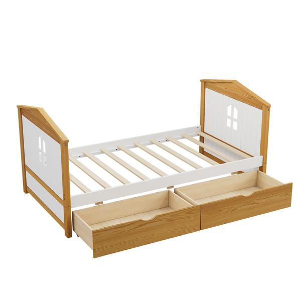 Twin Size House Shape Bed with  Two Drawers Wooden Bed for Girls Boys Teens, No Box Spring Needed, Walnut and White