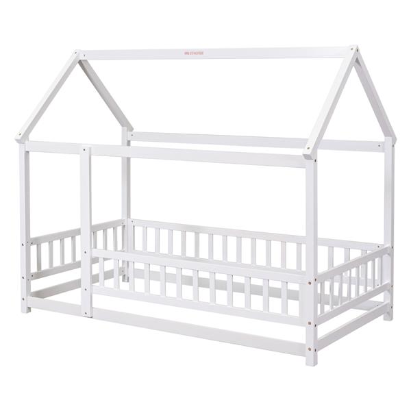 Twin Size Floor Wooden Bed with House Roof Frame, Fence Guardrails,White