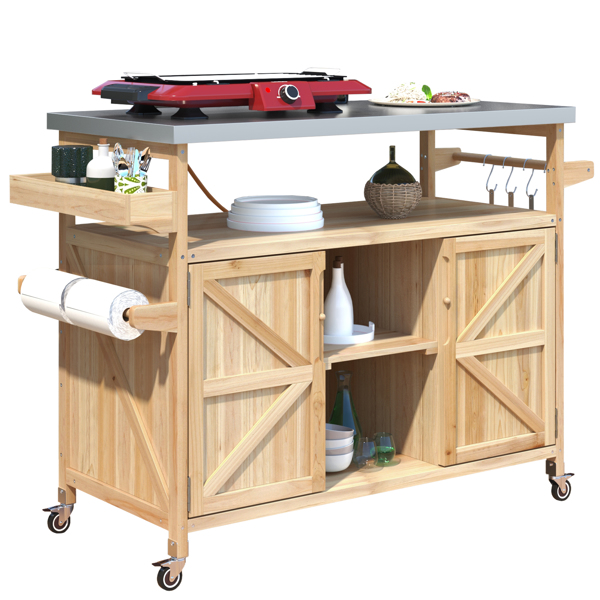 Outdoor Kitchen Island, Rolling Bar Cart & Storage Cabinet, Farmhouse Solid Wood Outdoor Grill Table with Stainless Steel Top, Spice Rack , Towel Rack for Kitchen & BBQ , Natural