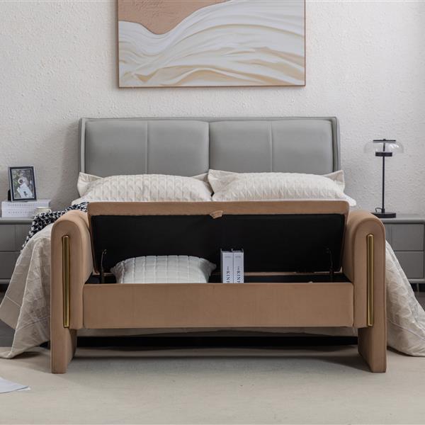 032-Velvet Fabric Storage Bench Bedroom Bench With Gold Metal Trim Strip For Living Room Bedroom Indoor,Coffee