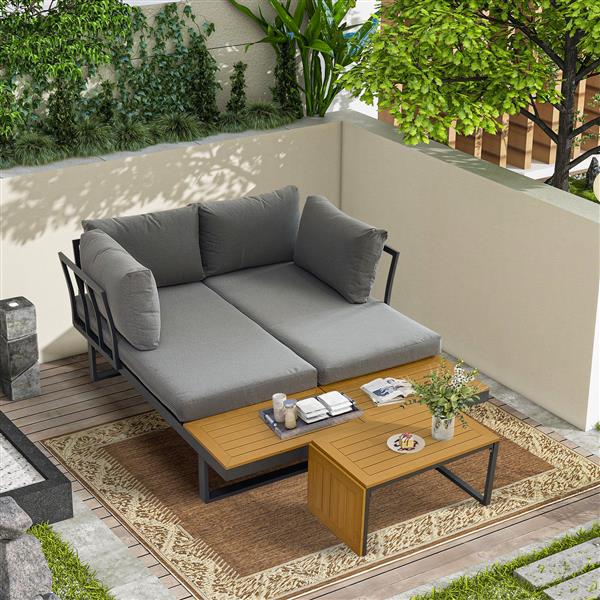 Aluminum Patio Furniture Set, Outdoor L-Shaped Sectional Sofa with Plastic Wood Side Table and Soft Cushion for Backyard Poolside