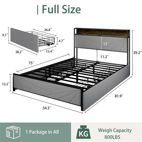 Full Size Bed Frame with 4 Storage Drawers and 2 USB Ports, Upholstered Platform Bed Frame with Storage Headboard Charging Station and metal Slat Support, No Box Spring Needed, Dark Grey.