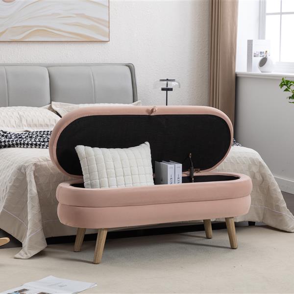 036-Velvet Fabric Storage Bench Bedroom Bench With Wood Legs For Living Room Bedroom Indoor,Light Pink