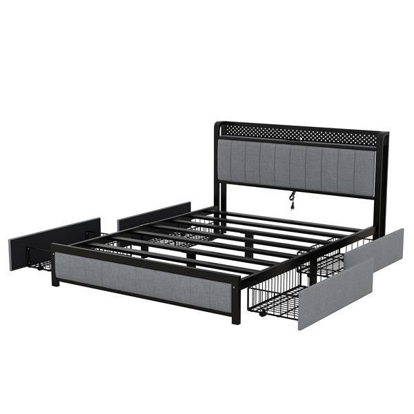 Queen Bed Frame with LED Headboard, Upholstered Bed with 4 Storage Drawers and USB Ports, Light Grey