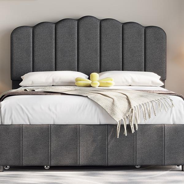 Full Size Upholstered Bed with 4 Storage Drawers,Wood Slat Support, Gray