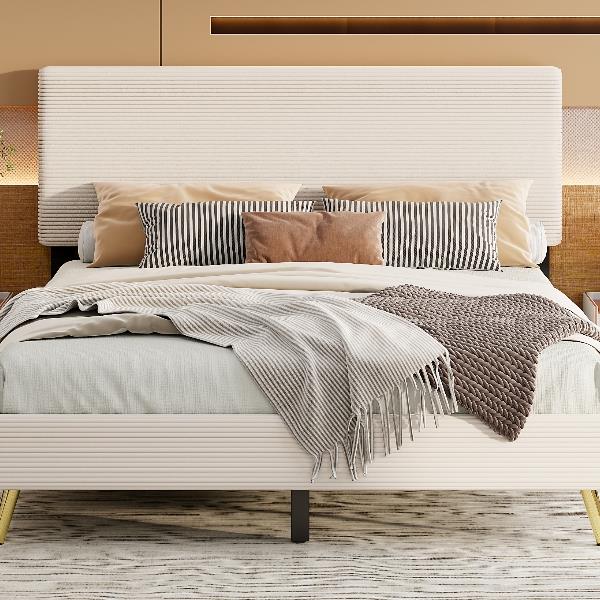 Queen Size Corduroy Upholstered Bed Frame, Platform Bed with Horizontal Stripe Headboard, No Box Spring Needed, Beige