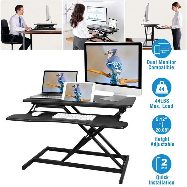  Height Adjustable Standing Desk 31.3” Wide Sit to Stand Converter Stand Up Desk Tabletop Workstation for Laptops Dual Monitor Riser Black