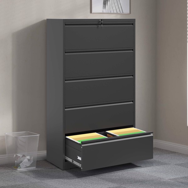 5 Drawer Metal Lateral File Cabinet , Black Filing Cabinet with Lock, Lockable File Cabinet for Home Office, Locking Metal File Cabinet for Legal/Letter/A4/F4 Size 