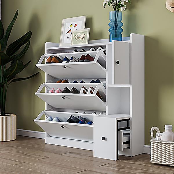 Versatile Shoe Cabinet with 3 Flip Drawers, Maximum Storage Entryway Organizer with Drawer, Free Standing Shoe Rack with Pull-down Seat for Hallway, White