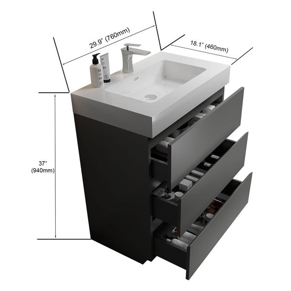 30" Gray Bathroom Vanity with Sink, Large Storage  Bathroom Vanity for Modern Bathroom, One-Piece White Sink Basin without Drain and Faucet