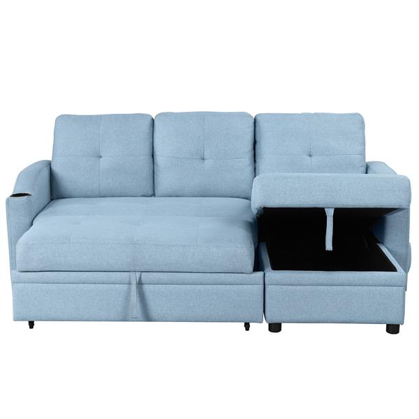 80.3". Pull Out Sofa Bed Modern Padded Upholstered Sofa Bed , Linen Fabric 3 Seater Couch with Storage Chaise and Cup Holder , Small Couch for Small Spaces