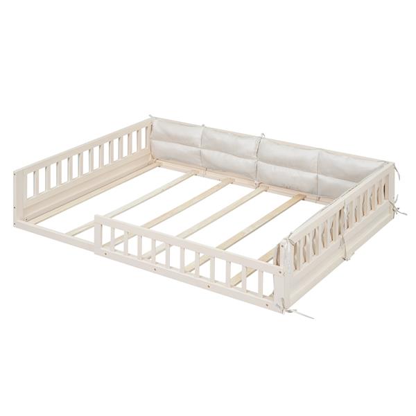 Wood Full Size Upholstered Platform Bed with Guardrail and Pillow, Beige