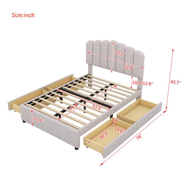 Full Size Upholstered Bed with 4 Storage Drawers,Wood Slat Support, Beige