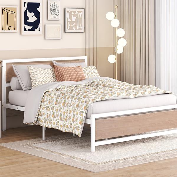 Queen Size Platform Bed, Metal and Wood Bed Frame with Headboard and Footboard , White