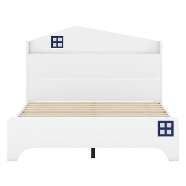 Wooden Full Size House Bed with Storage Headboard ,Kids Bed with Storage Shelf,White