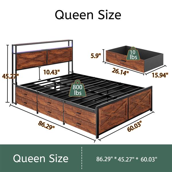 Queen Bed Frame with Storage Headboard and 12 Drawers LED Lights, Metal Platform Non-Slip Without Noise Mattress Foundation Strong Metal Slats Support,No Box Spring Needed